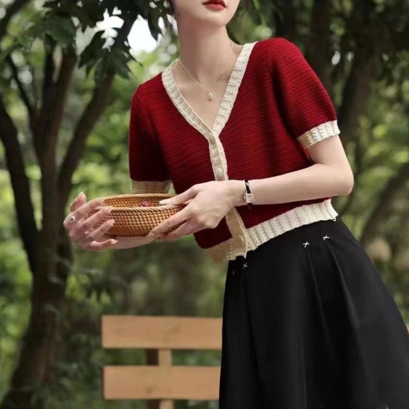 

H9ED Women Summer Short Sleeve Thin Sweater Cardigan V-Neck Button Down Contrast Color Knit Slim Cropped Top Jacket Outwear