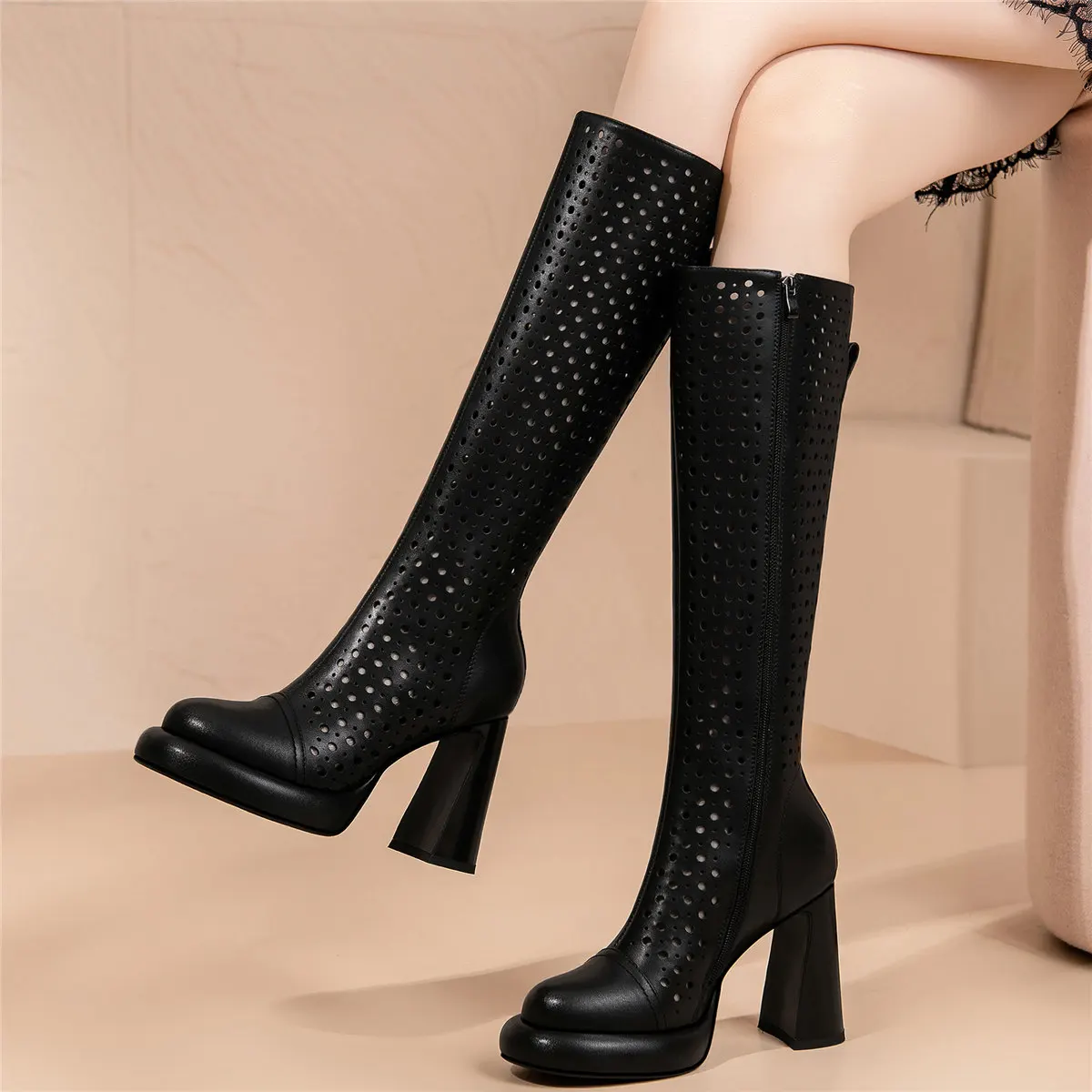 2023 Summer Platform Pumps Shoes Women Hollow Genuine Leather Thigh High Boots Female Round Toe Gladiator Sandals Casual Shoes