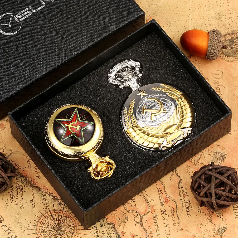 2PCS Black Pocket Watch Sets for Men Ussr Vintage Pocket Watch Mens Quartz Pocket Watch Pedent Clock Gifts Set Карманные часы