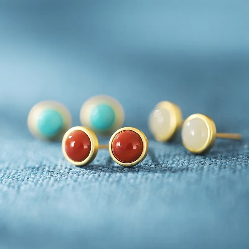 

S925 sterling silver inlaid with natural south red agate, Hotan jade and pine stone. Round egg Earrings women's gold plating
