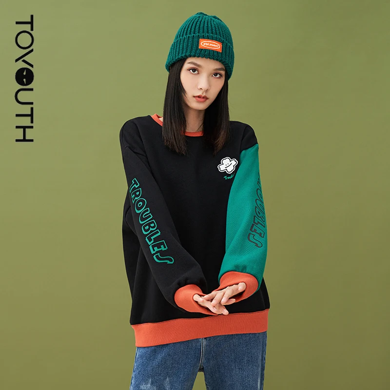 

Toyouth Women Sweatshirts Spring Autumn O Neck Loose Hoodies Patch cloud Pattern Cotton Lined Casual Chic Pullovers