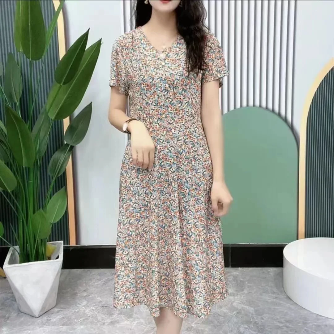 

BL36 Mom's summer style westernized dress temperament 40 year old, 50 year old women's short sleeved wide lady long skirt