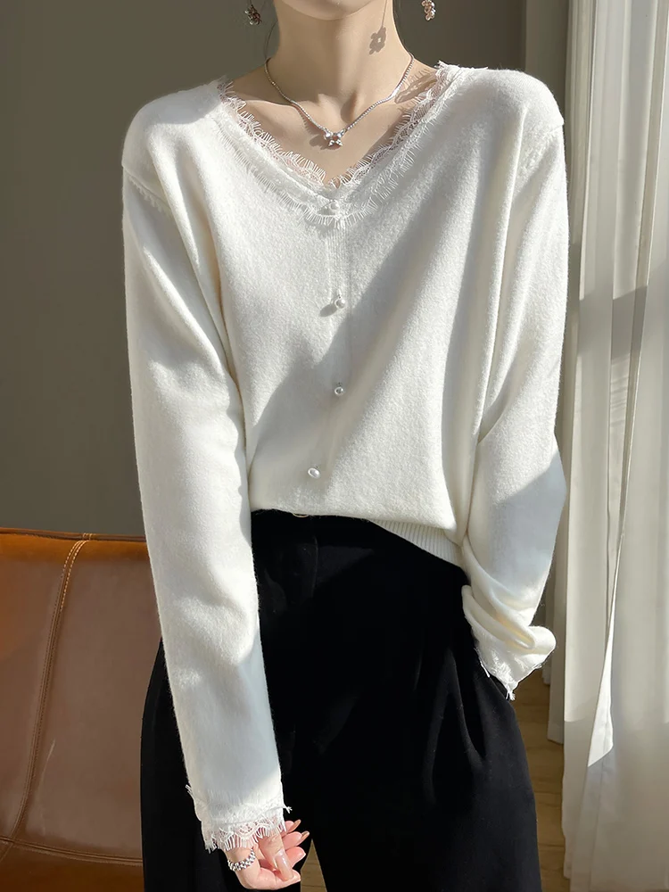 Elegant Lace Long-Sleeved Bottoming Shirt for Women V Neck Pullover New Year Red Sweater Keep Warm Inner Match Top