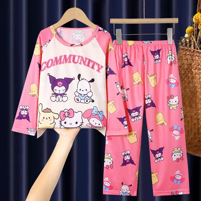 

Sanrios Hello Kittys Cinnamoroll Kuromi Cartoon Children's Anime Pajamas Kawaii Girls Long-Sleeved Casual Pajamas Suit Homewear