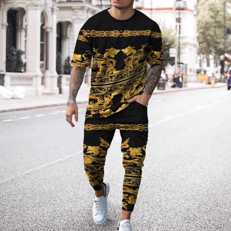 New Summer Men's T Shirt Set Luxury Casual 2 Piece Hip Hop Suit 3D Printed Short Sleeve Long Tracksuit Fashion Cool Streetwear