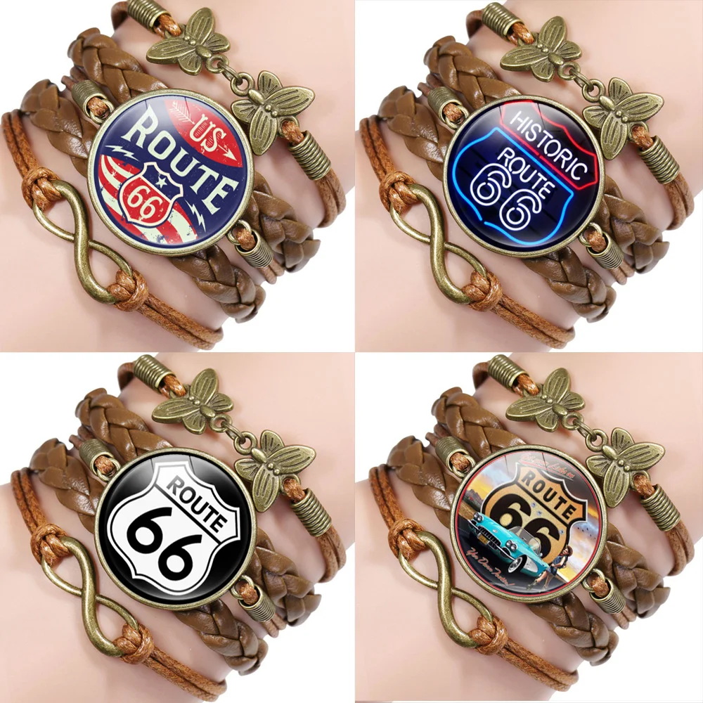 Винтажный Браслет ROUTE 66 для мужчин и женщин многослойные кожаные