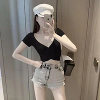 summer front and back wear t shirt women crop tops sexy jogger girls backless v neck short sleeved t shirt female tees y2k