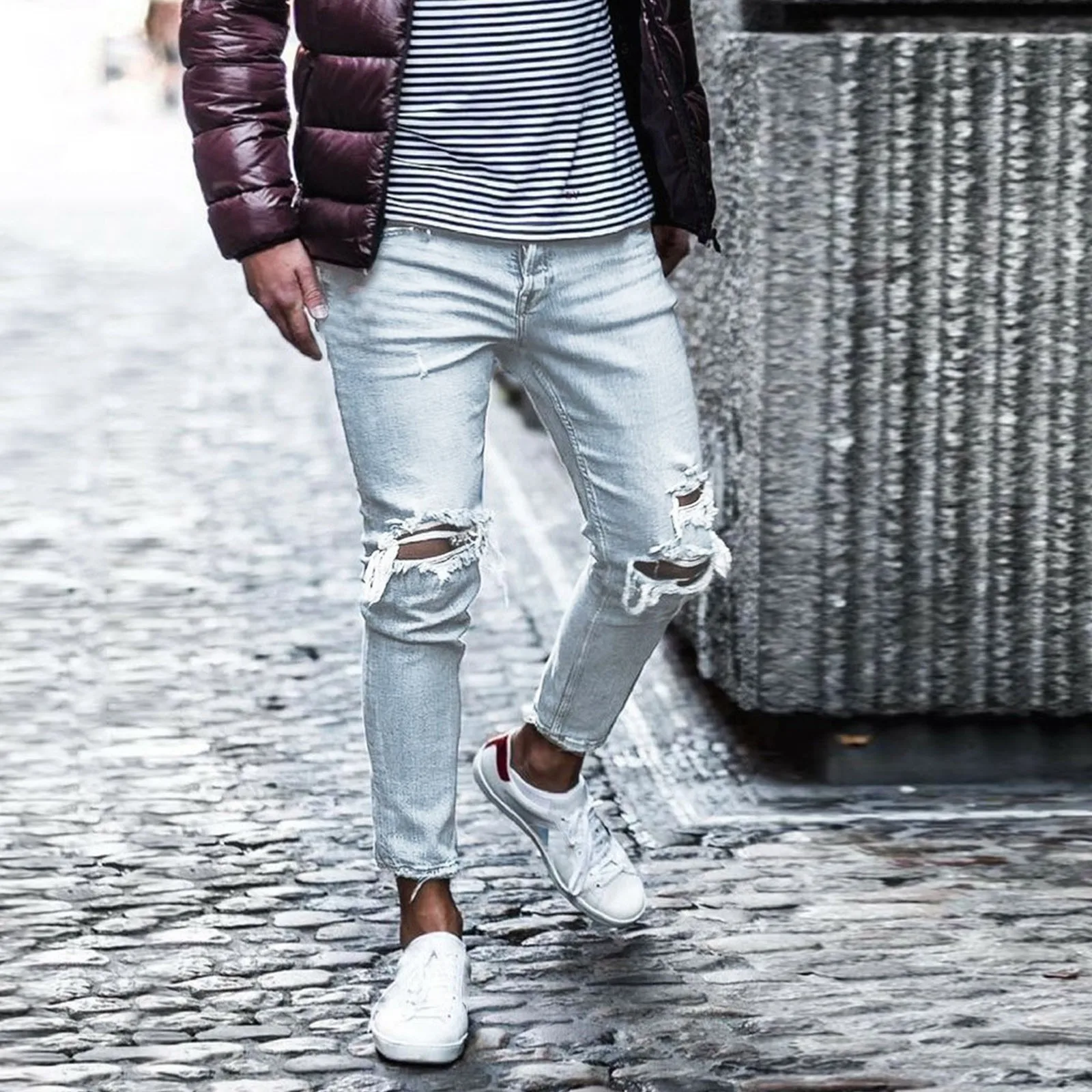 

High Quality Summer Stretch Cotton Hole Men's Ankle Length Jeans Thin Streetwear Design Denim Pants Korea Casual Trousers BF