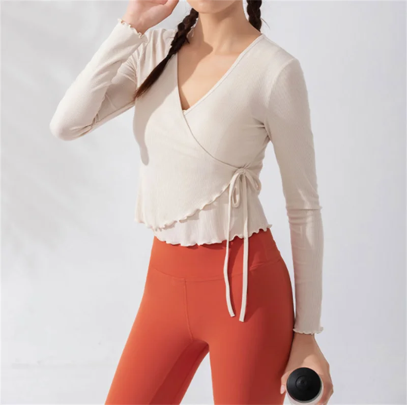 

High Quality Ribbing Craft Collect Waist Soft Dancing Top Women's Exercise Dance Practice Dancing Wear Square Dance T-shirt
