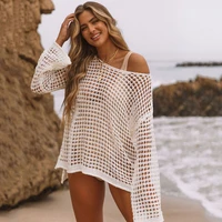 women cover ups top sexy solid see through openwork loose top women fashion long sleeve off shoulder vacation beach cover ups