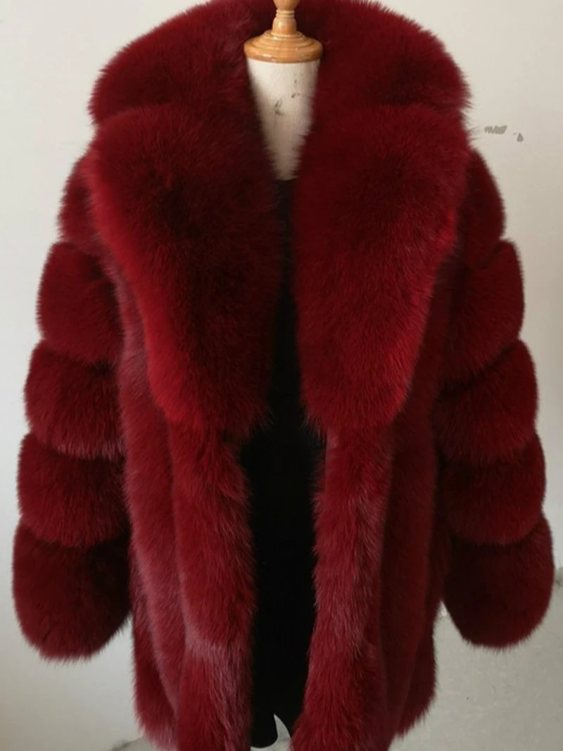 Luxury Women Ladies Winter Fur Coat Genuine Fox Fur 100% Real Fox Fur Coat Big Lapel Collar Thick Warm Outdoor Casual Overcoat