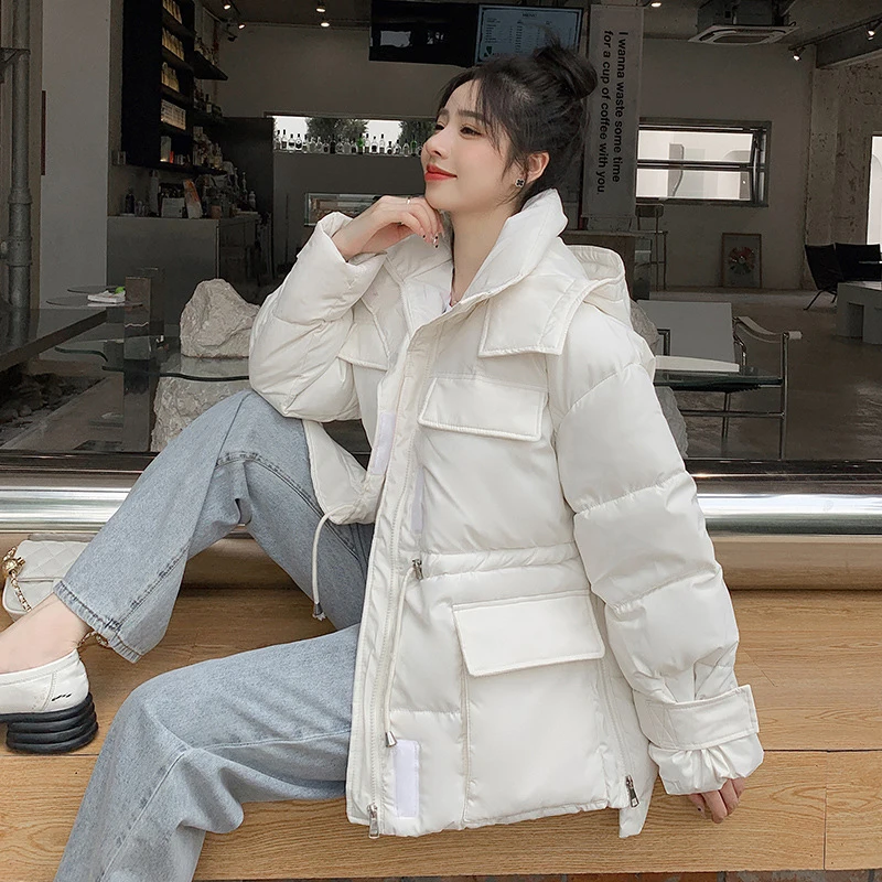 Winter Women's Warm Hood Parka Loose Fashion Solid Thick Down Padded Jacket Casual Versatile Women Drawstring Outerwear 2022 New