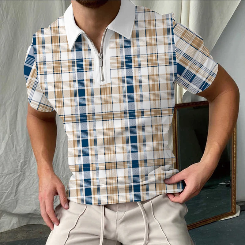 

2022 Summer Fashion casual men's Polo shirt Street stripe plaid casual shirt zipper collar