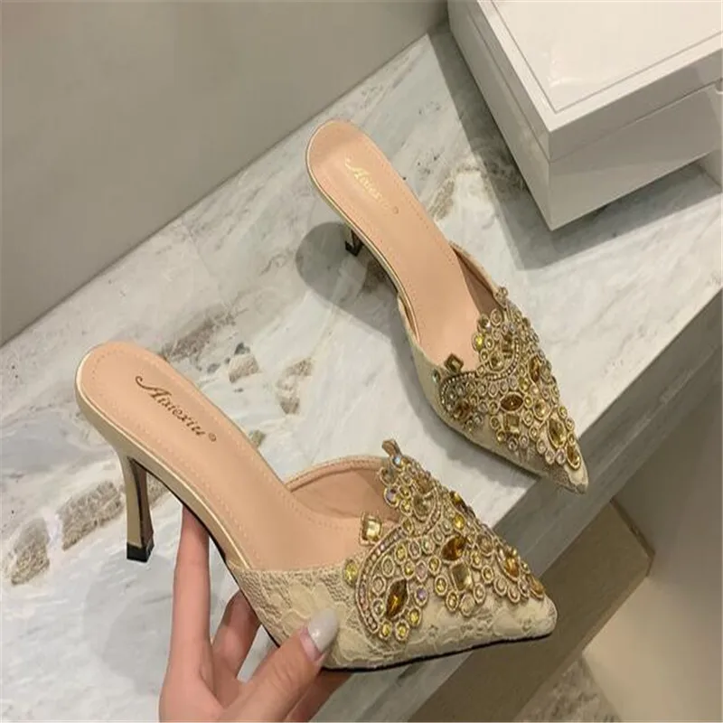 2023 NEW Spring/Autumn Fashion Women Pointed Toe Pumps PU Thin Heels Retro Appliques Mules Polka Dot Party Slip-On Black