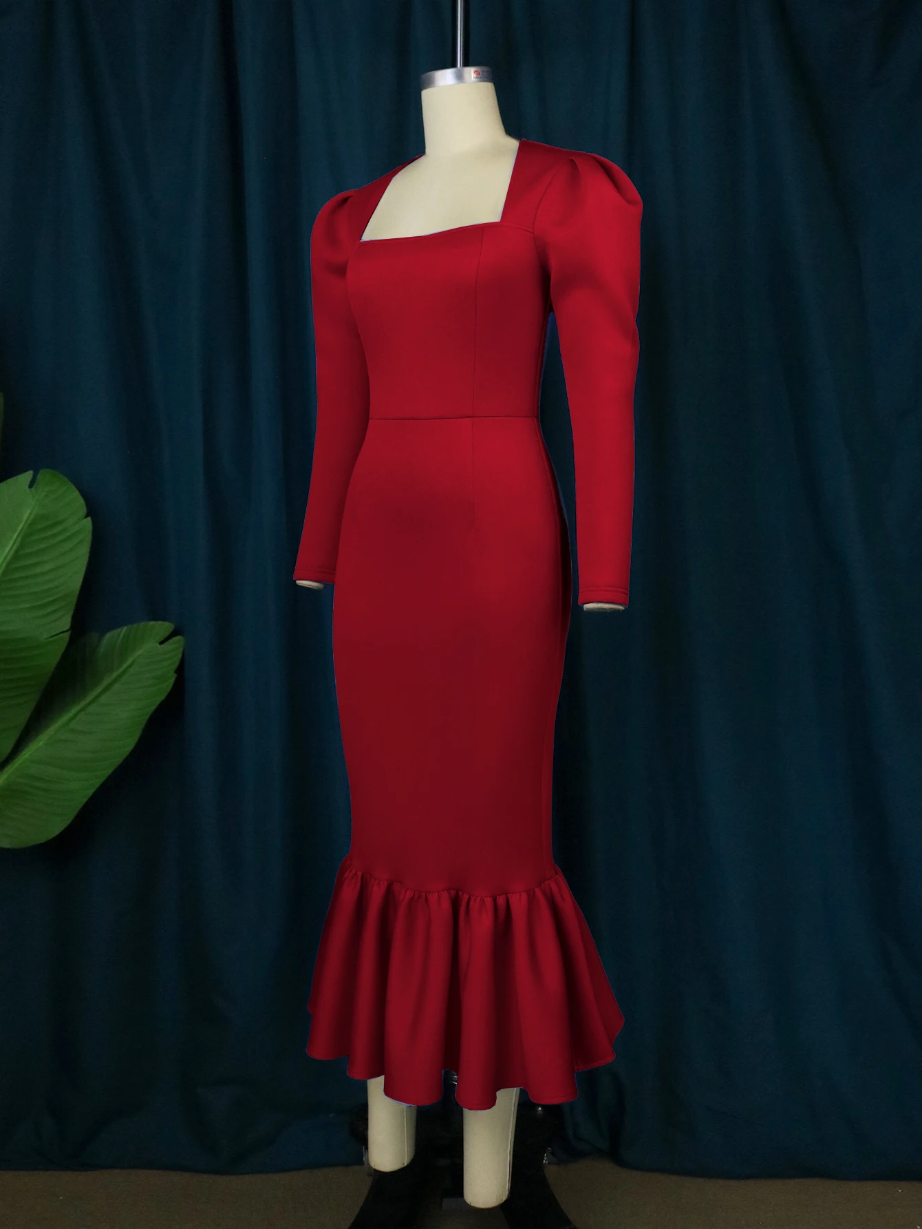 Elegant Midi Dresses Plus Size 3XL 4XL Square Neck Long Sleeve Bodycon Ruffles Office Work Evening Party Event Gowns for Ladies