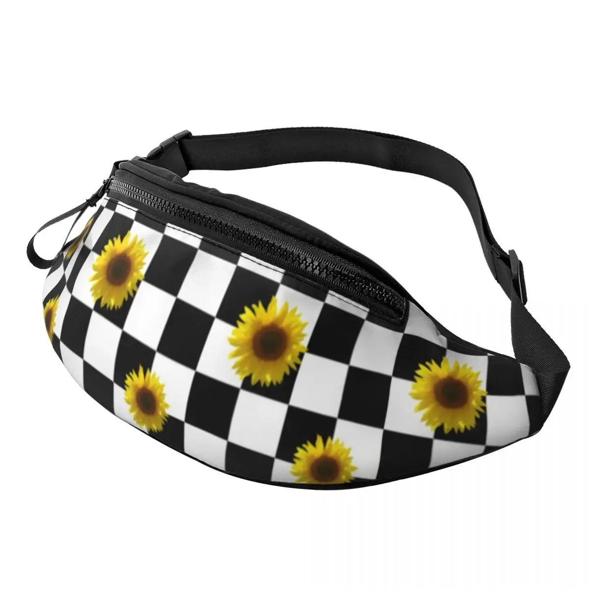 

Sunflower Print Waist Bag Black and White Checkered Male Fitness Waist Pack Picture Polyester Bag