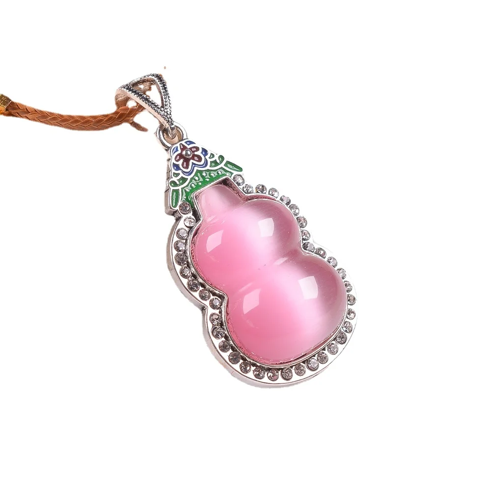 

Natural Pink Gemstone Cat Eye Gourd Pendant Silver Lucky Amulet Necklace