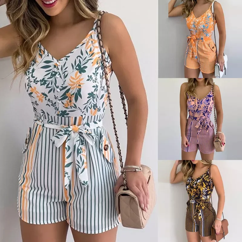 New in Summer Tropical Print Jumpsuit Casual Slim Short Sleeve V-Neck Beach Rompers Sleeveless Bodycon Sexy Playsuit Outfits jac