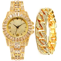 2pcs gold diamond iced out watch bracelet for men couple luxury mens watch cuban chains fashion watches set religio masculino