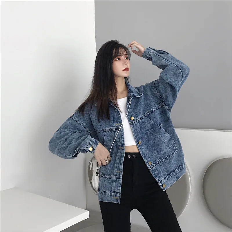 Autumn Winter New Women Denim Jacket Fashion Design Large Pockets Single Breasted Casual Loose High Street Retro Lapel Coats