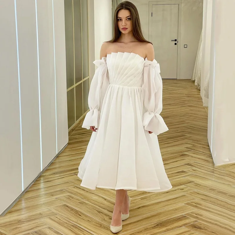 

Organza Short Wedding Dress For Brides A-Line Puff Sleeve Bride Dress Ruched Strapless Tea Length Princess Bridal Gowns Boho
