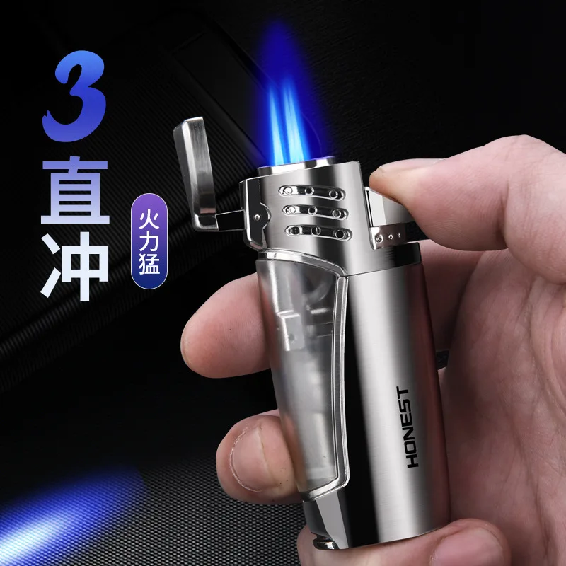 

Honest Multifunctional Three Straight Jet Torch Butane Lighters Metal Gas Inflatable Lighters with Cigar Drill Gifts for Men