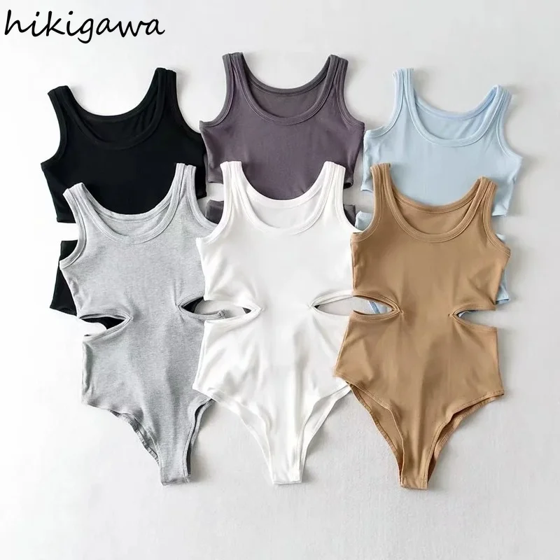 Женские модные шикарные боди Hikigawa с боковым вырезом, однотонные эластичные боди, винтажные облегающие топы без рукавов с круглым вырезом