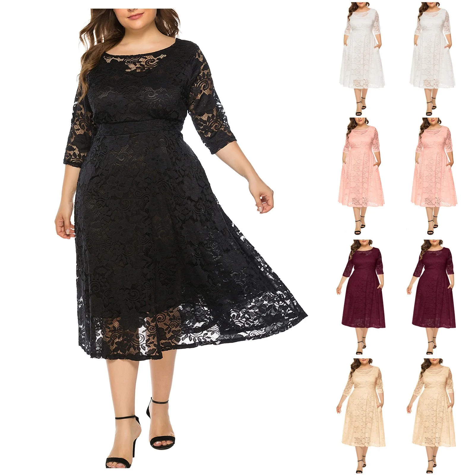 

Women's Temperament Three-quarter Sleeve Lace Casual Solid Color O-Neck Plus Dress Elegant dresses for women vestido feminino