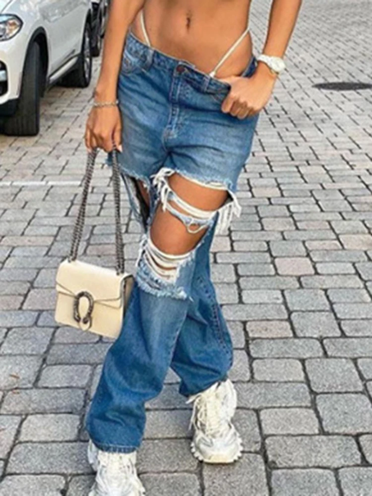 Women's sexy straight pants female cross-border European beauty jeans mid-waist washed ripped denim