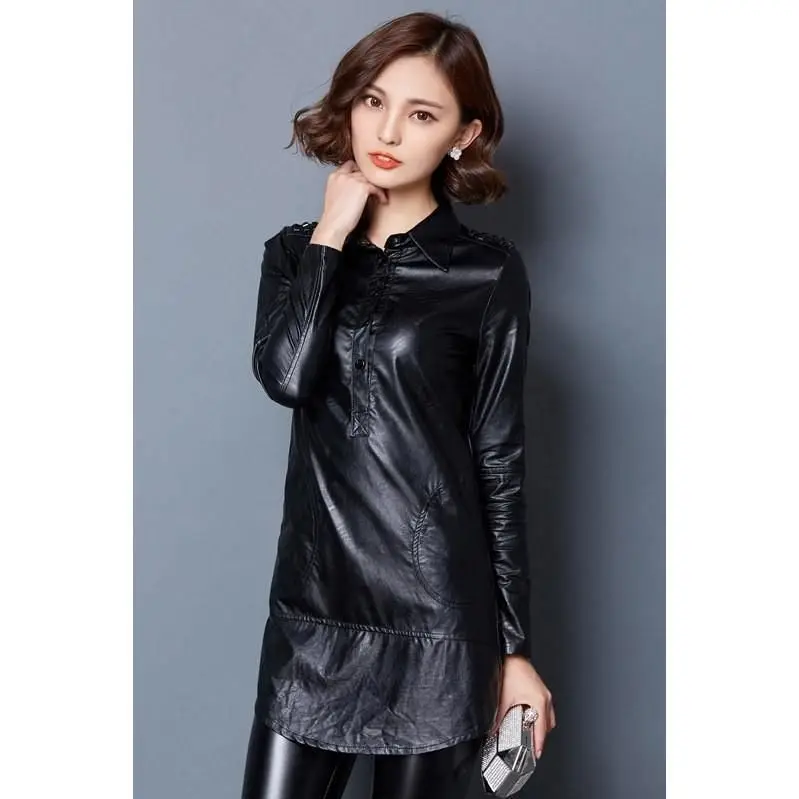Long-sleeved leather base shirt short show thin medium and long pu leather jacket trend enlarge