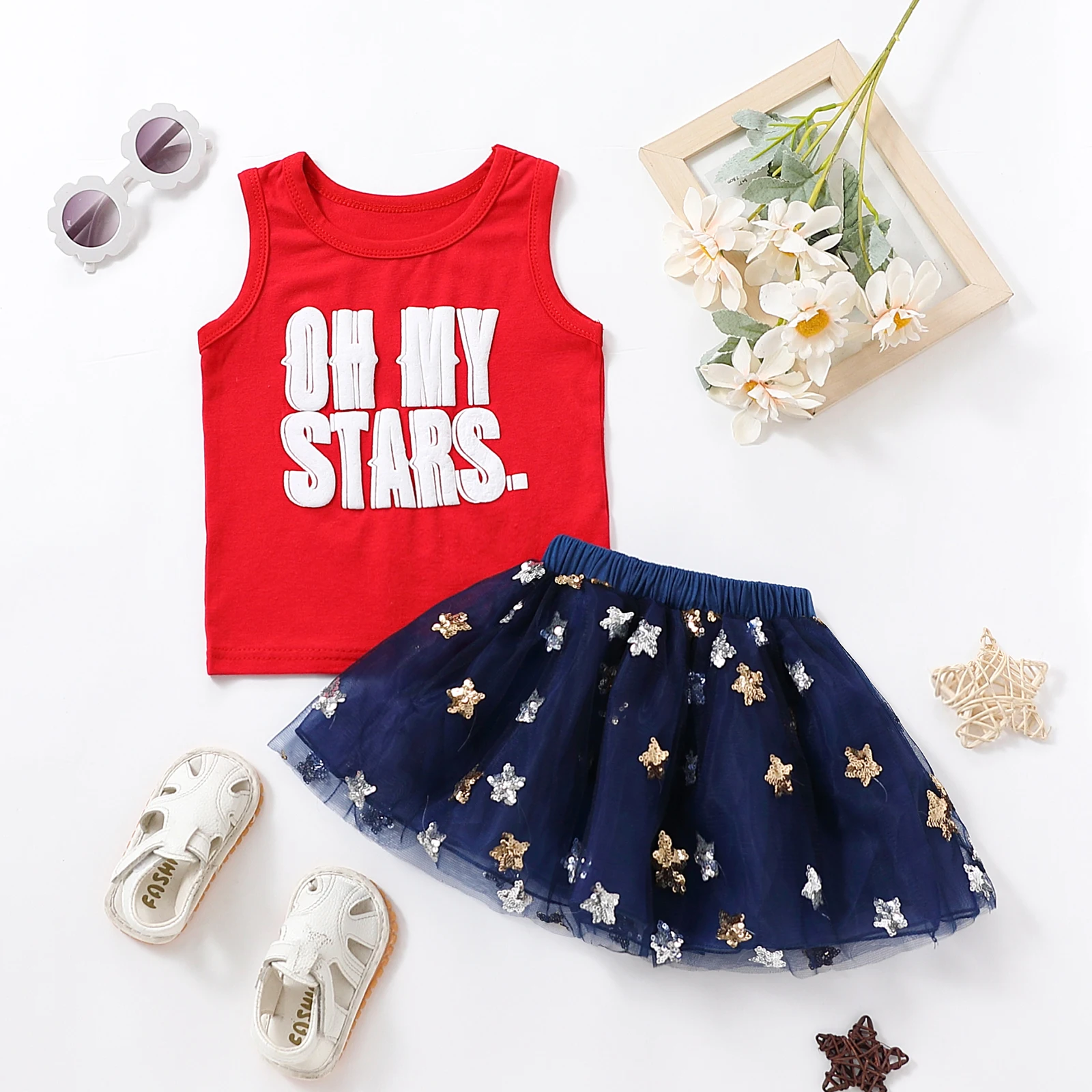 

0-3 Years Letter Sleeveless Set Infant Girl Tanks Tops + Skirt, Letter Print Sequin Decoration Mesh Patchwork Summer Clothing