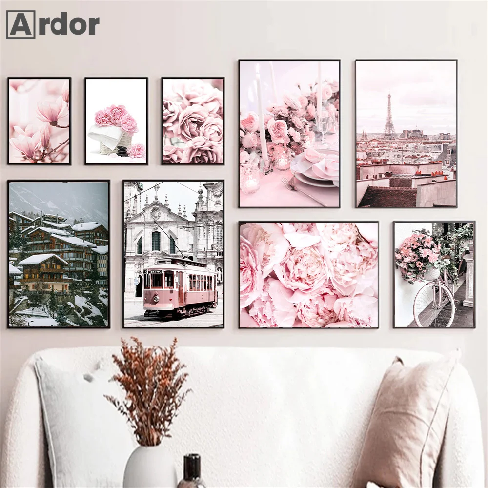 

Italy City Architecture Scenery Canvas Painting Pink Tower Flower Prints Nordic Bike Poster Wall Art Pictures Living Room Decor