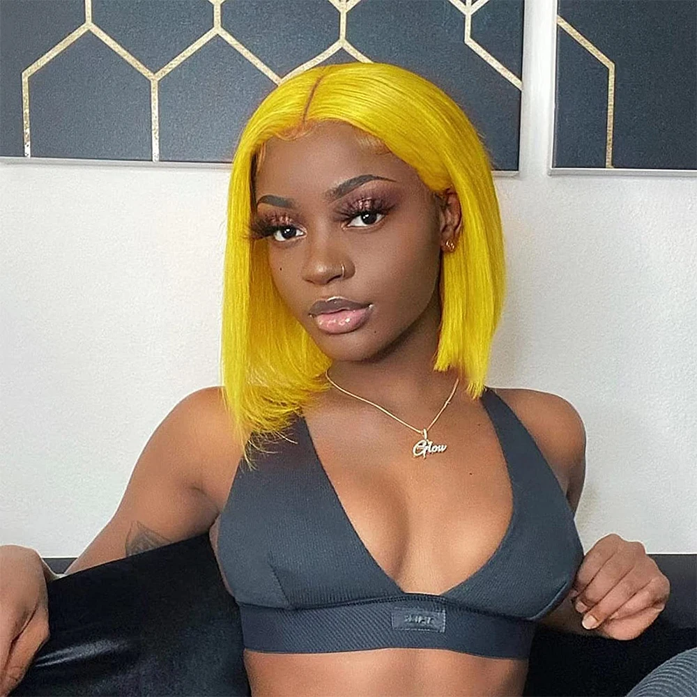 

Yellow Bob 13x4 HD Lace Front Wigs Human Hair Straight Colored Short Bob Wig For Women Blonde Transparent Lace Frontal Wig