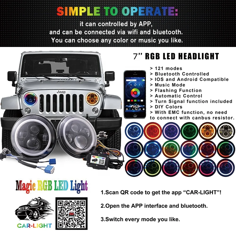 Система De Iluminacions Motorcycle Led 105W Drl Kit Faros Ambar Rgb 7 &quotRound Halo RGB Bulb Фары