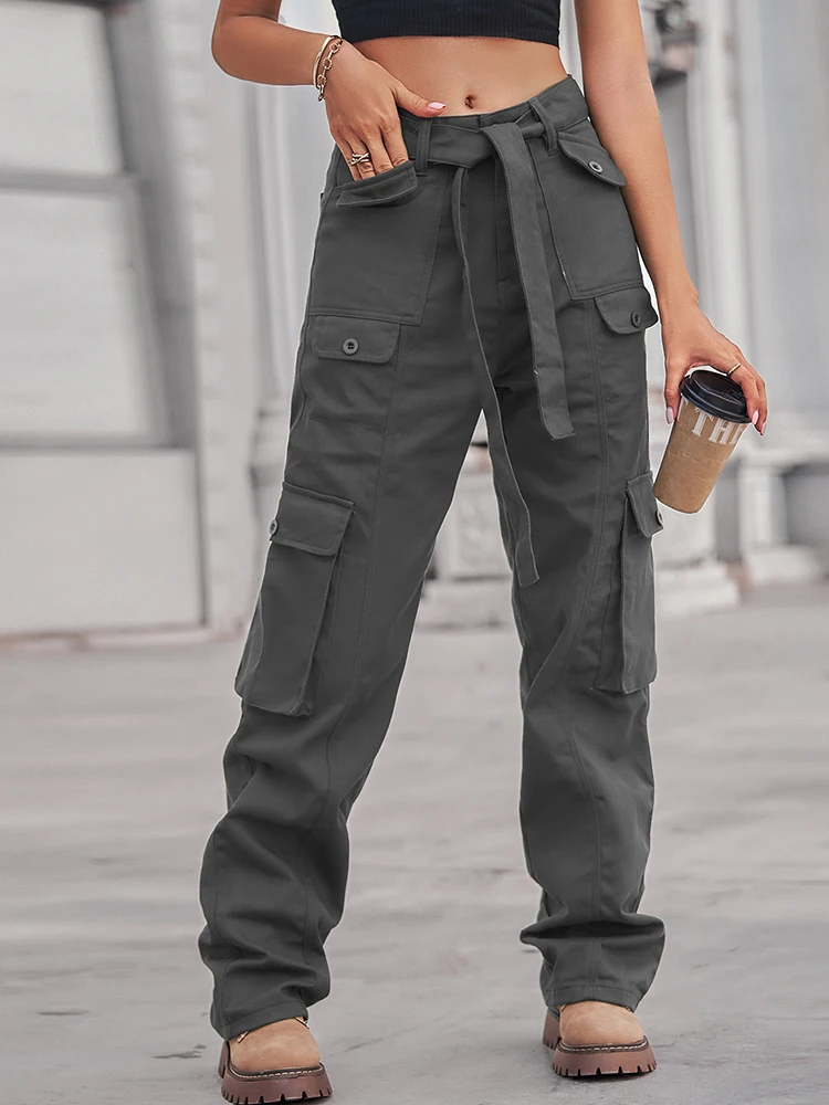 

Streetwear Mid Waist Cargo Pants Women 2022 Button Multiple Pocket Hip Hop Mopping Denim Trousers Casual Y2k Straight Pant Lady
