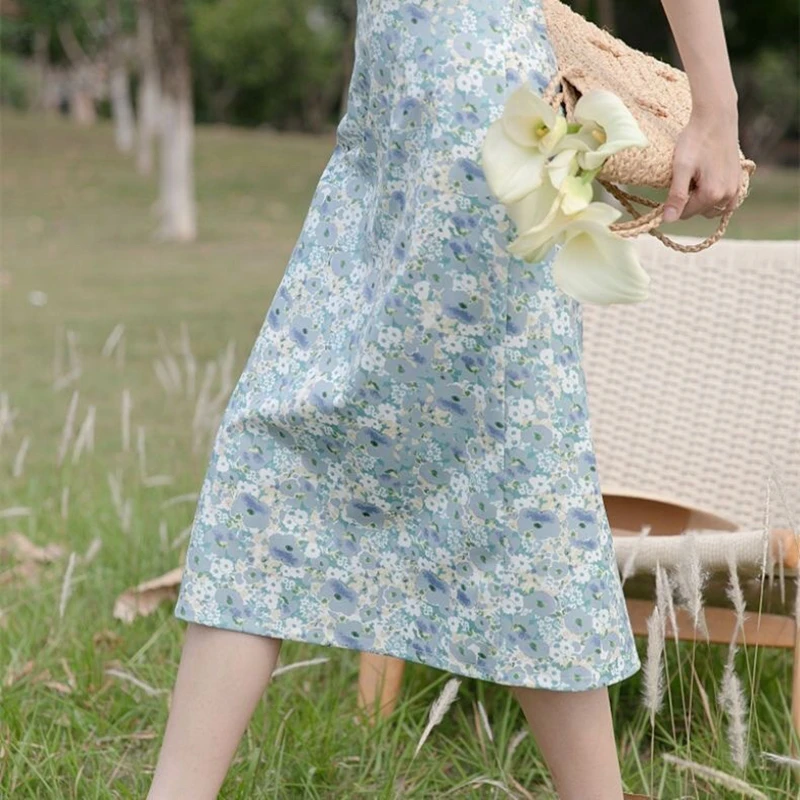 Vintage Floral Print A-line Pleated Long Skirts Summer Women 2023 Korean Skirt Streetwear  Elastic Waist Beach Boho Midi Skirt