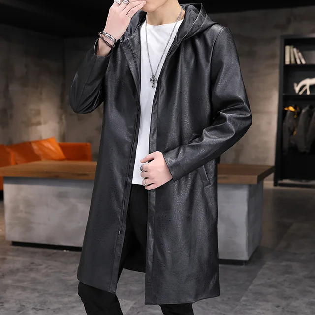 Spring Autumn Men's Casual Mid-length Hooded Leather Jacket Korean Version Trend Handsome Outdoor Leather Windbreaker Men's Coat 1