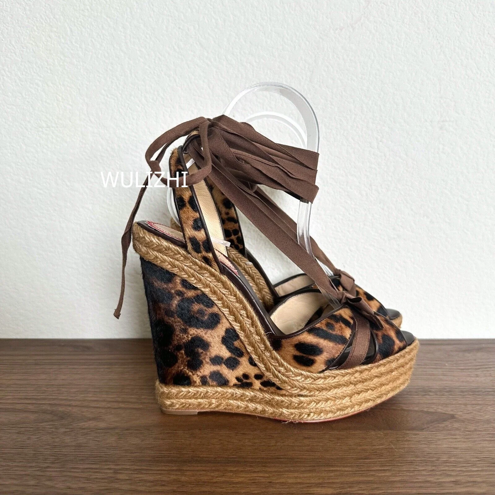 Wedge Leopard Woven Straw Sandals Women Casual Brown Black Suede Velvet Cotton Open Slingback Heels Ankle Straps Lace Beach Shoe