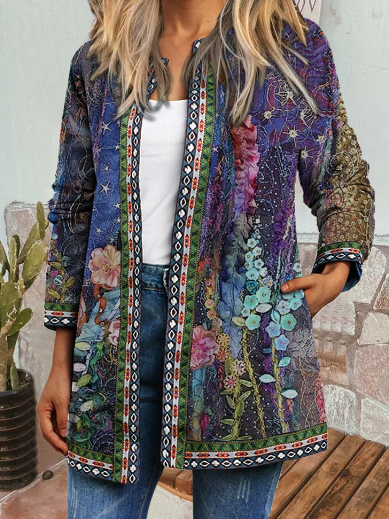 Autumn Women's Retro Ethnic Style Printed Long-sleeved Coat Jacket Cardigan