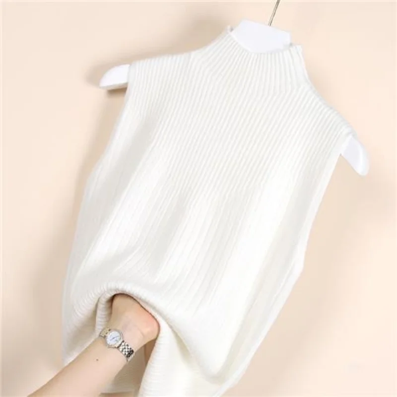 

Жилет с полувысоким воротником на весну/лето, свободная Трикотажная майка, женский жилет, верхняя одежда без рукавов, однотонный Повседневный свитер, жилет для женщин