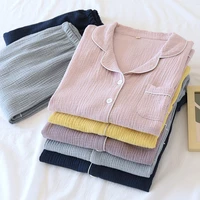 2022 new couples soft crepe pajama set four seasons thin crimping lapel double layer seersucker long sleeve home clothes