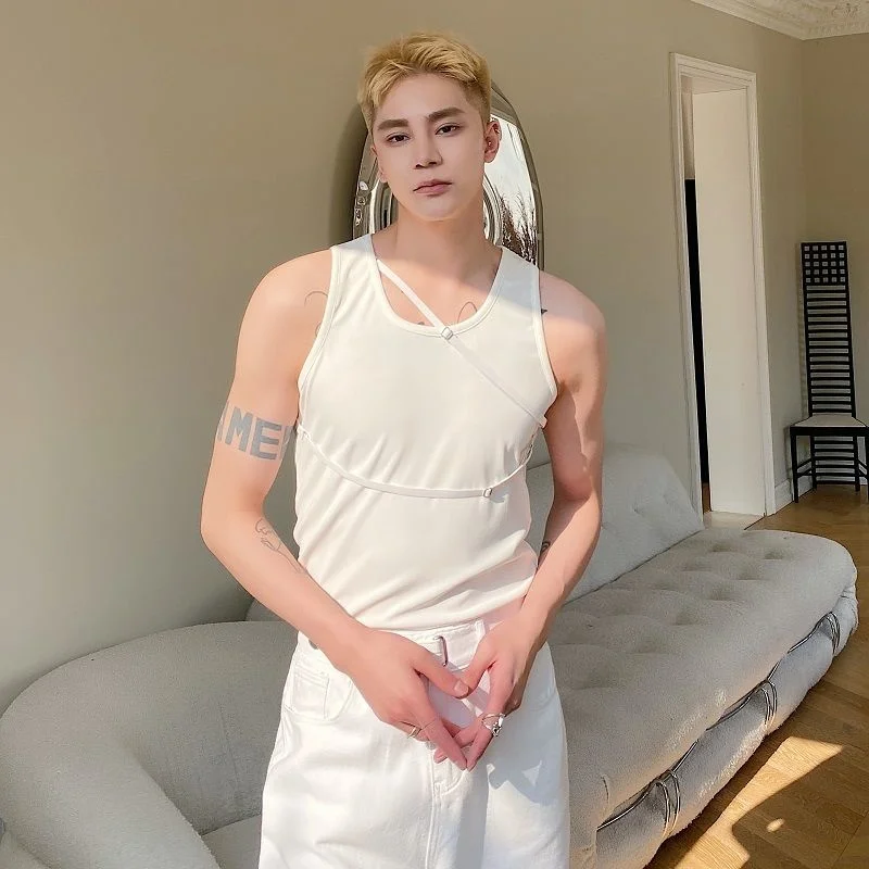 

Stretch Vest Men Solid Color Casual Sleeveless T-shirt Personalized Strap Design 2022 New Korean Style Slim Fashion Fitness Top