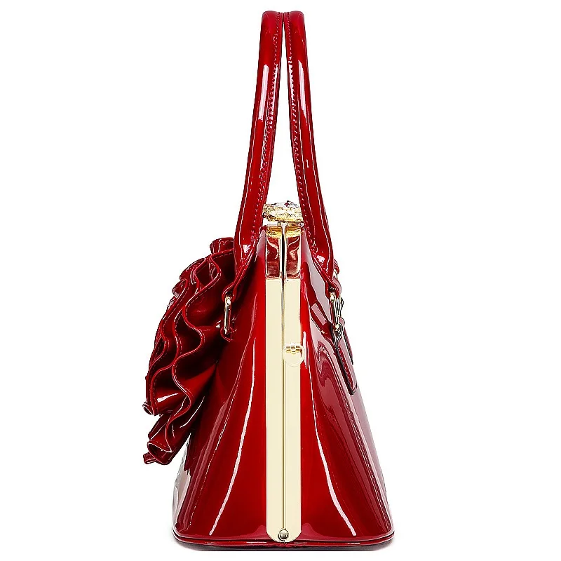 Women New Fashion Patent Leather Big Flowers Shell Bag Tote Bag  Handbags Shoulder Crossbody Bag Party Club Bag Diamond Buckle