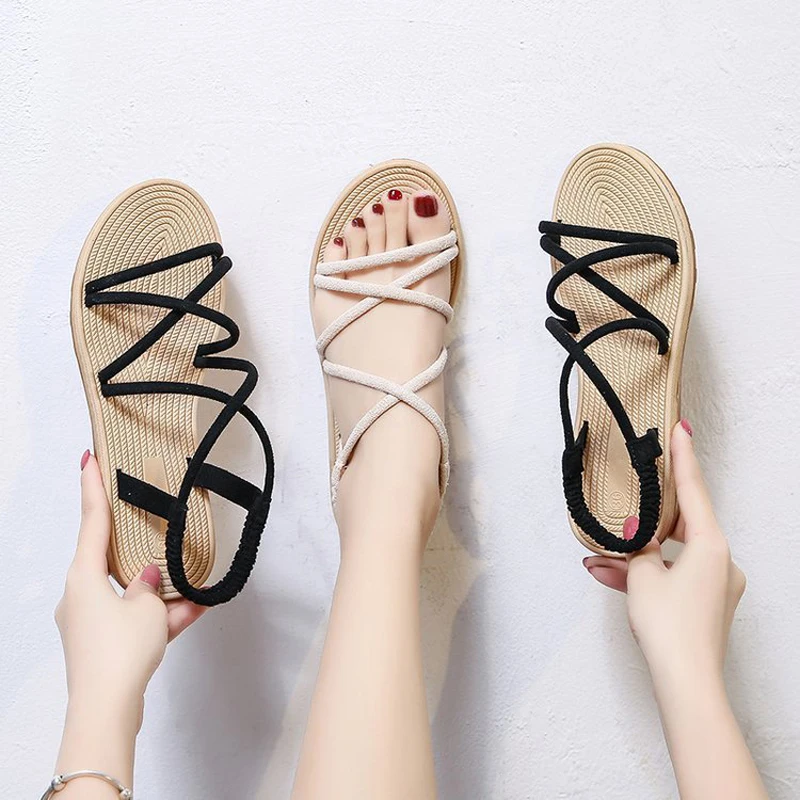 

Women Sandals Ankle Elastic Band Cross-tied Hollow Out Flat 2023 Summer Fashion Casual Roman Gladiator Ladies Black Shoe