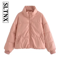 sltnx fashion women winter jackets pink pu leather coats woman o neck casual with pockets jacket parkas female clothing