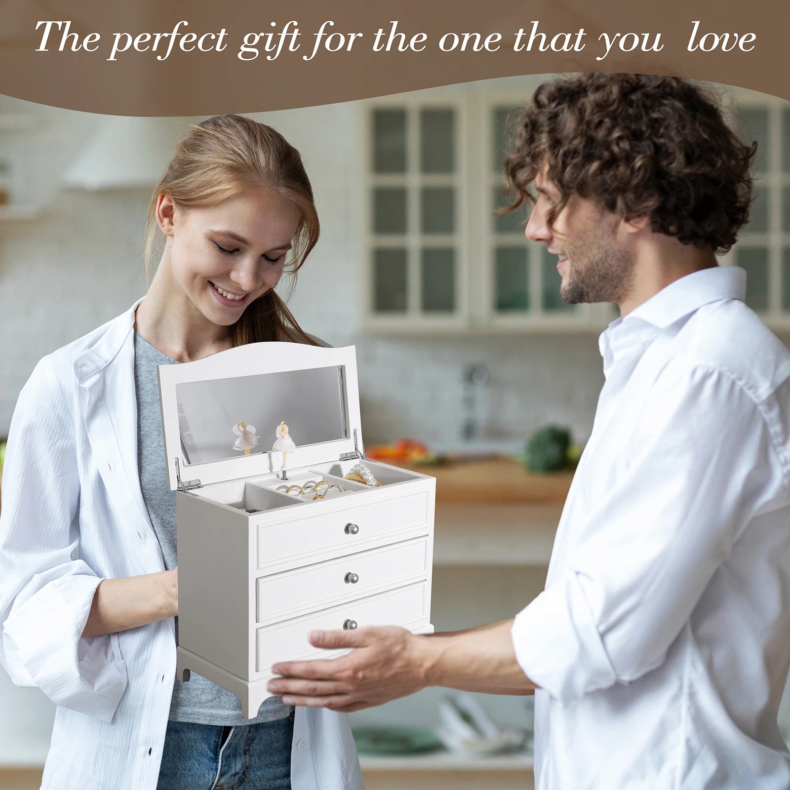 Подарочная белая музыкальная шкатулка Jozen с зеркалом и ожерельем для девочек