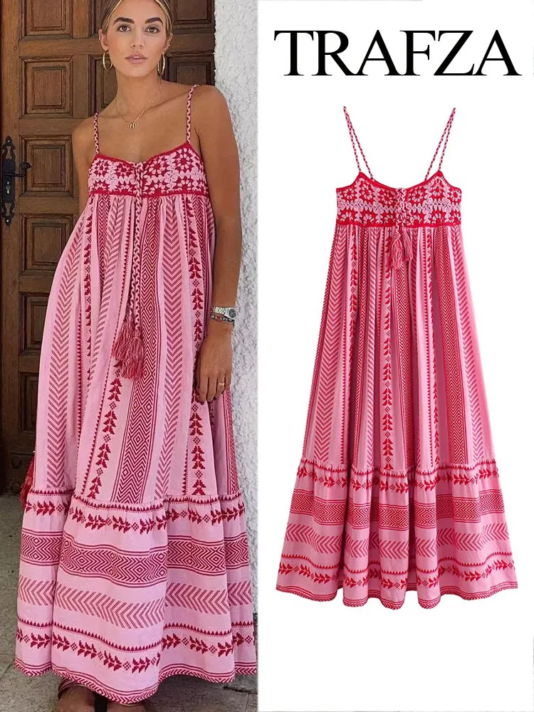 

TRAFZA Dress For Women Embroidery Pleat Suspender Vintage Sleeveless Off Shoulder Dresses Summer Vacation Beach Dress Vestidos