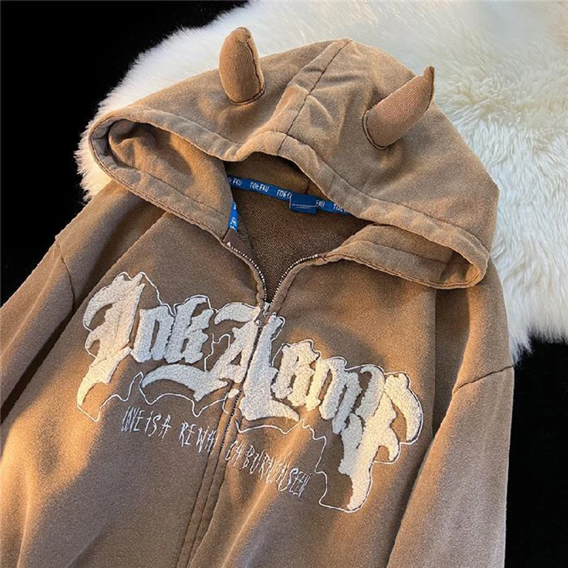 

Women's Vintage Demon Ears Hoodies Letter Embroidery Zipper Hooded Jackets Harajuku Gothic Oversized Sweatshirts Y2k Streetwear