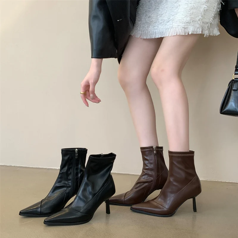 

Ботильоны женские зимние с острым носком, пикантные короткие сапоги, модная кожа, на тонком высоком каблуке 6 см, черные, коричневые