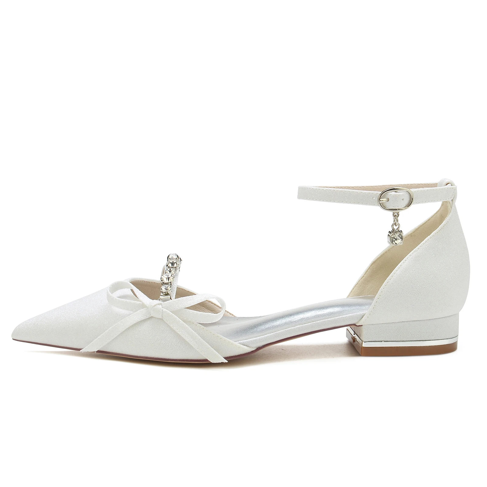 Low Heel Wedding Women Dress Shoes Classic Pointed Toe Wedding Flat Sandals Sparkly Rhinestones Ankle Strap